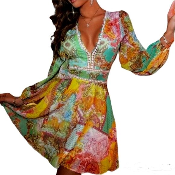 SHEIN Dresses & Skirts - Floral & Paisley Print Guipure Lace Insert Plunging Neck Dress Medium